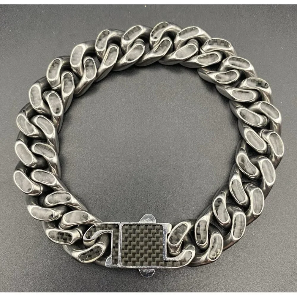 Stainless Steel Bracelet Black Carbon Fiber-Style Miami Curb Link Cuban Hip Hop